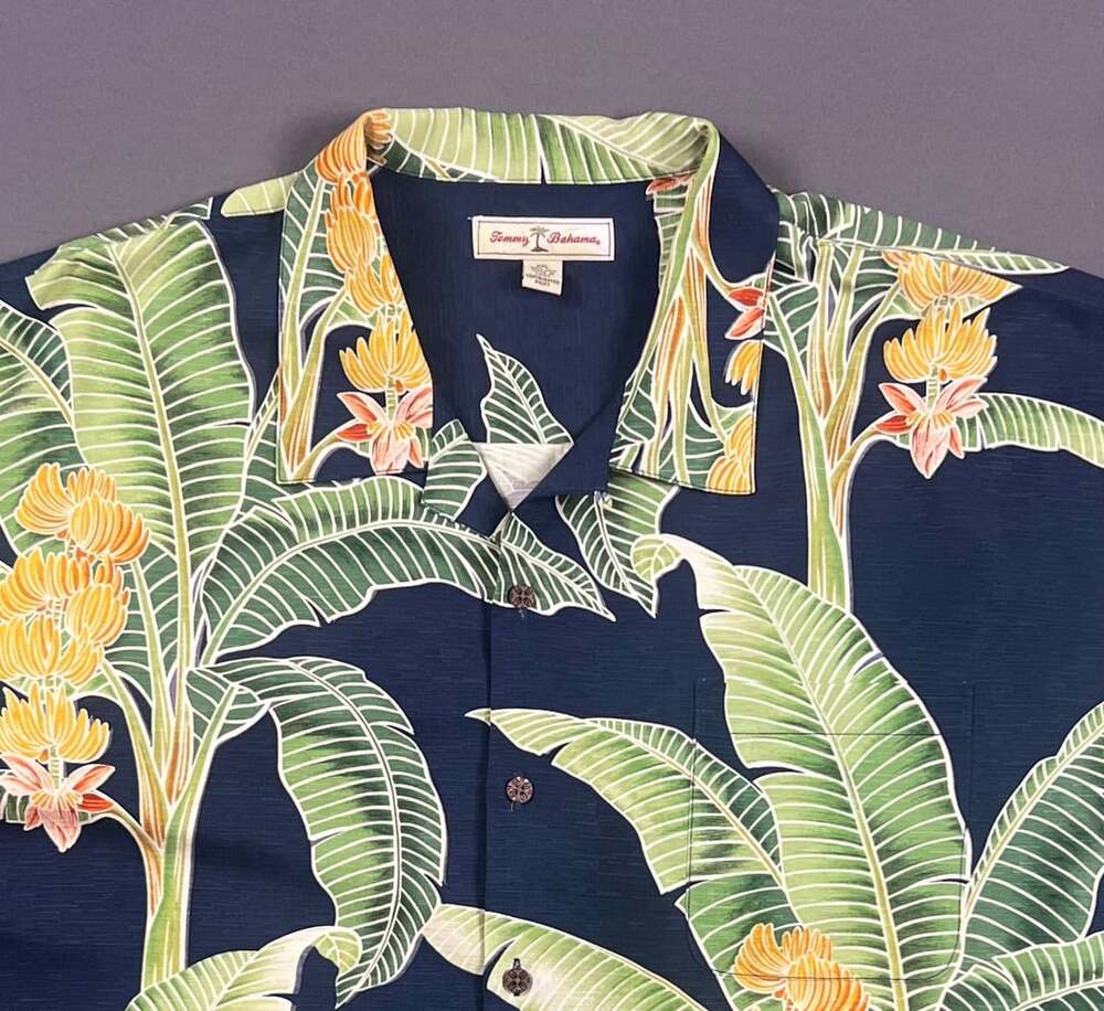 Tommy Bahama Silk Banana Leaf Tropical Hawaiian Shirt Navy Blue XXL